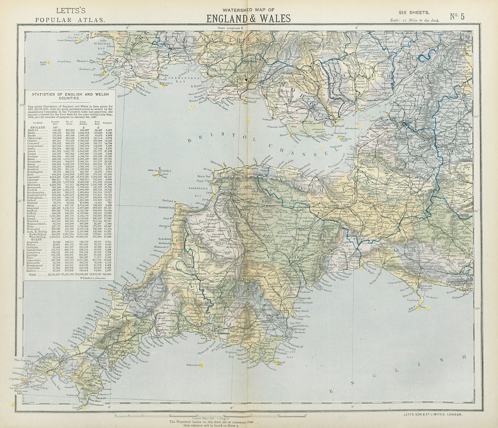 SOUTH WEST ENGLAND & SOUTH WALES WATERSHEDS. Lighthouses. LETTS 1883 old map